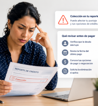 Persona revisando una colección en su reporte de crédito antes de decidir si pagar, disputar o validar la deuda.