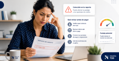 Persona revisando una colección en su reporte de crédito antes de decidir si pagar, disputar o validar la deuda.
